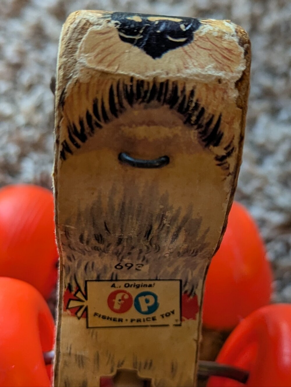 Fisher-Price Wooden Pull Dog Toy with Bright Orange Wheels (Pull String Missing) - Picture 2 of 7